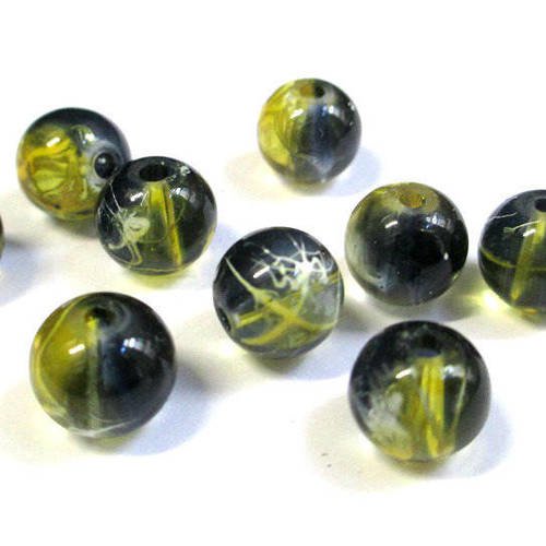 10 perles noir tréfilé jaune translucide 10mm 