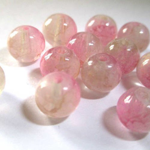 10 perles rose et blanc transparent mouchetée  8mm 
