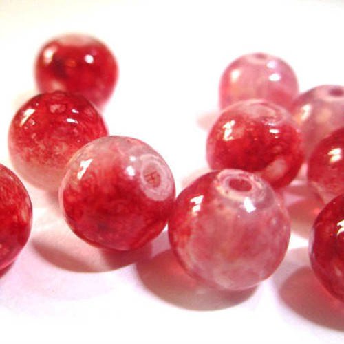 10 perles rouge et blanc transparent mouchetée  8mm 