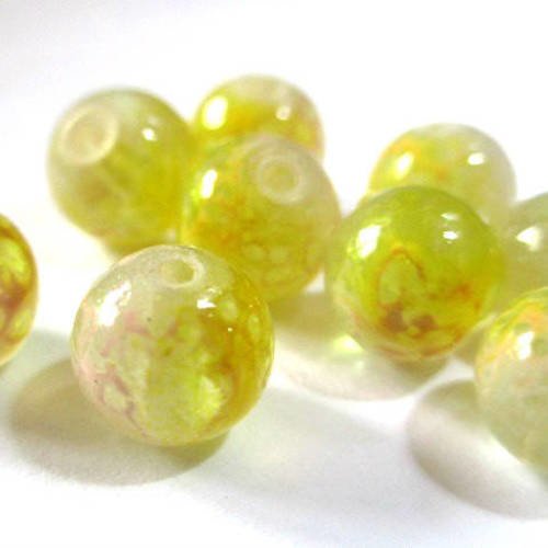 10 perles jaune et blanc transparent mouchetée  8mm 