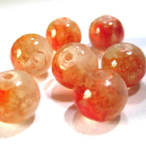 10 perles orange et blanc transparent mouchetée  8mm 