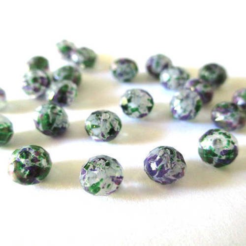 10 perles rondelle à facettes moucheté violet et vert en verre 6x5mm 