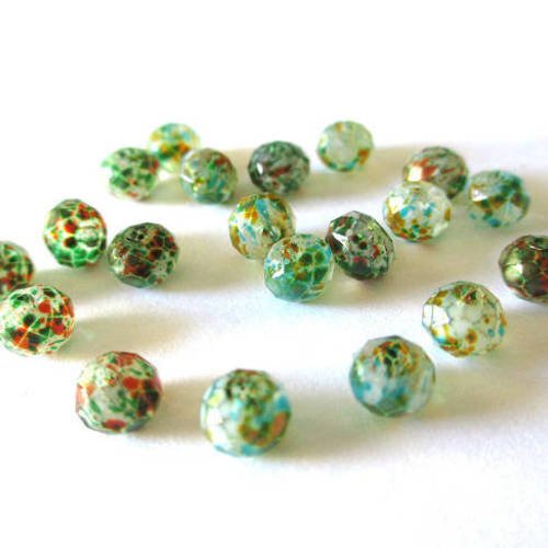 10 perles rondelle à facettes moucheté vert et orange en verre 6x5mm 