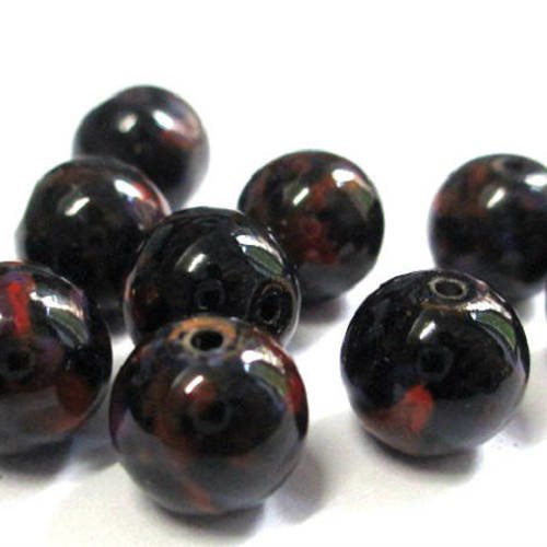 10 perles noires mouchetées orange et violet en verre 10mm (s-48) 