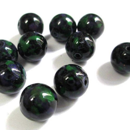 10 perles noires mouchetées verte et violet en verre 10mm (s-49) 