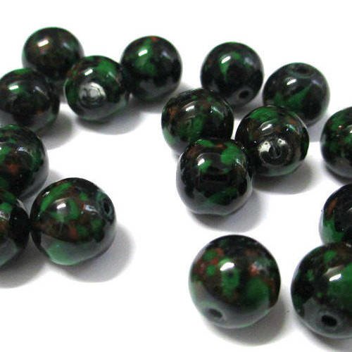 10 perles noires mouchetées verte et marron en verre 10mm (s-45) 