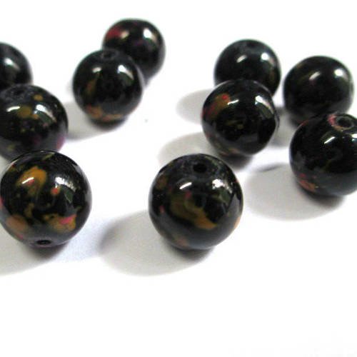 10 perles noires mouchetées orange et rose en verre 10mm (s-50) 