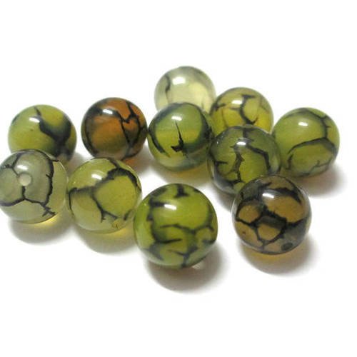 20 perles agate craquelé veine de dragon couleur vert marron  8mm (g-18) 
