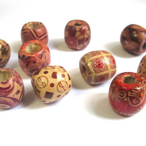 10 perles en bois à motif ethnique 17mm mélange 