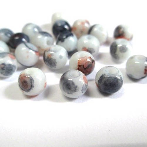 20 perles en verre blanc mouchetée orange et noir 6mm 