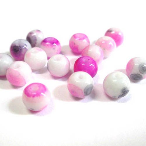 20 perles en verre blanc mouchetée rose et noir 6mm 