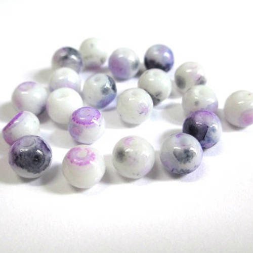 20 perles en verre blanc mouchetée mauve et noir 6mm 