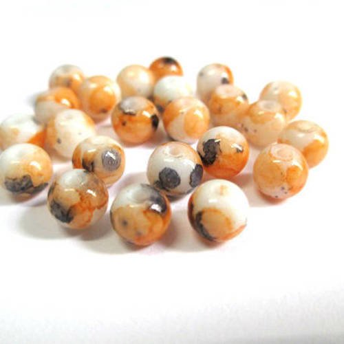 20 perles en verre blanc mouchetée orange et noir  6mm 