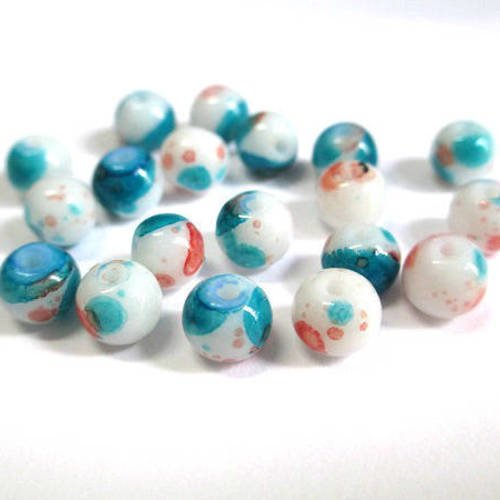 20 perles en verre blanc mouchetée bleu et rouge 6mm 