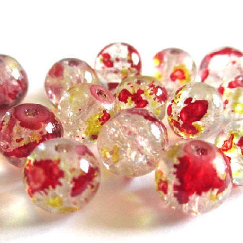 10 perles rouge et jaune craquelé et moucheté  8mm (h-20) 