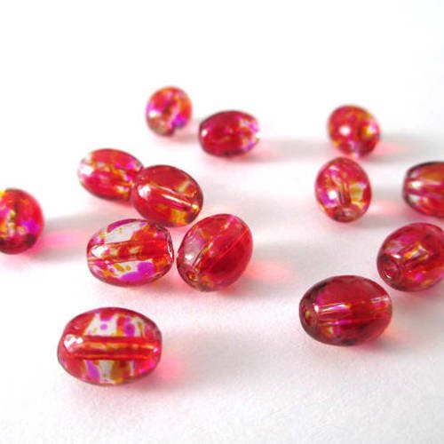 20 perles en verre transparentes moucheté jaune et rose forme olive 9x6mm 