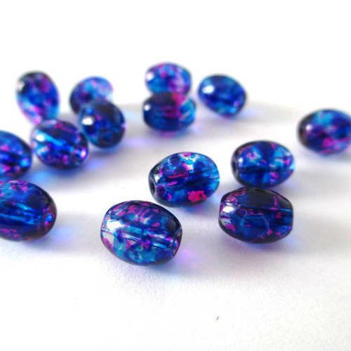 20 perles en verre transparentes moucheté bleu et rose forme olive 9x6mm 