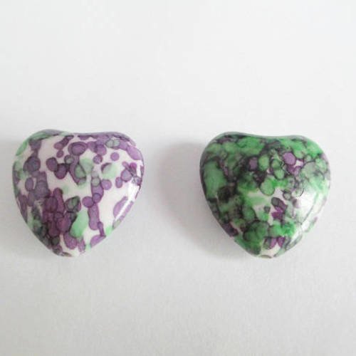2 perles jade océanique coeur naturelle blanc ,violet et vert 20mm 