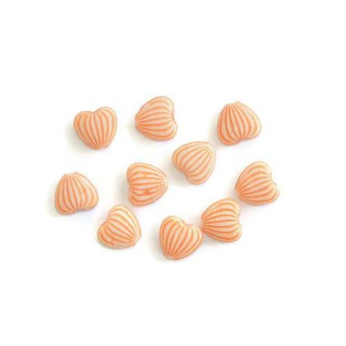 10 perles acrylique  forme coeur couleur blanc rayé orange 10x11x5 mm 