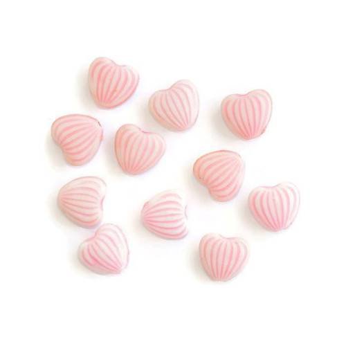 10 perles acrylique  forme coeur couleur blanc rayé rose (1)10x11x5 mm 