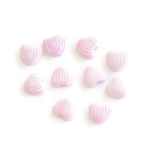 10 perles acrylique  forme coeur couleur blanc rayé rose clair 10x11x5 mm 