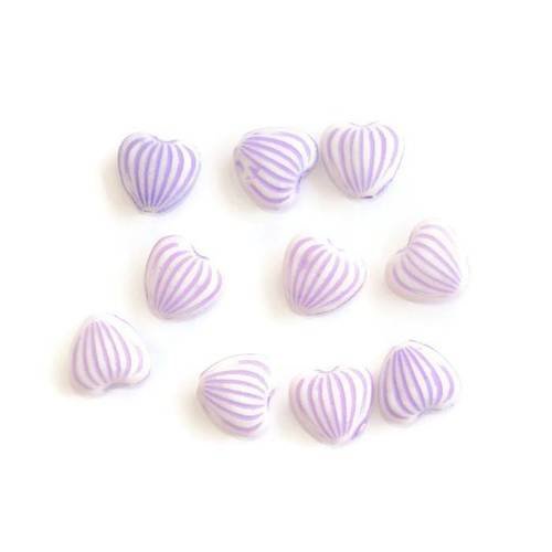 10 perles acrylique  forme coeur couleur blanc rayé violet 10x11x5 mm 