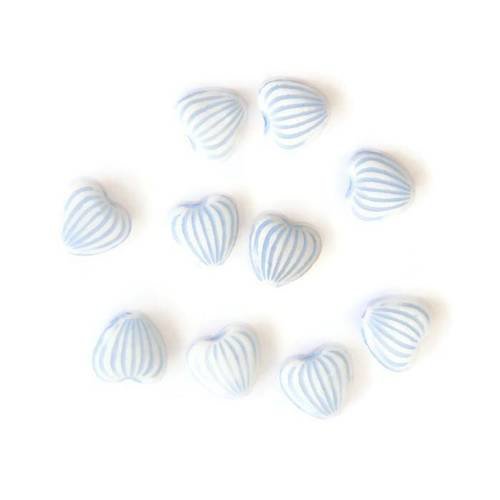 10 perles acrylique  forme coeur couleur blanc rayé bleu 10x11x5 mm 