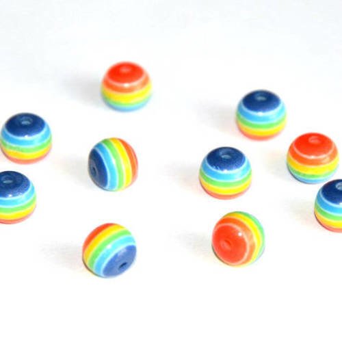 10 perles  en résine synthétique rayé multicolore   8mm 