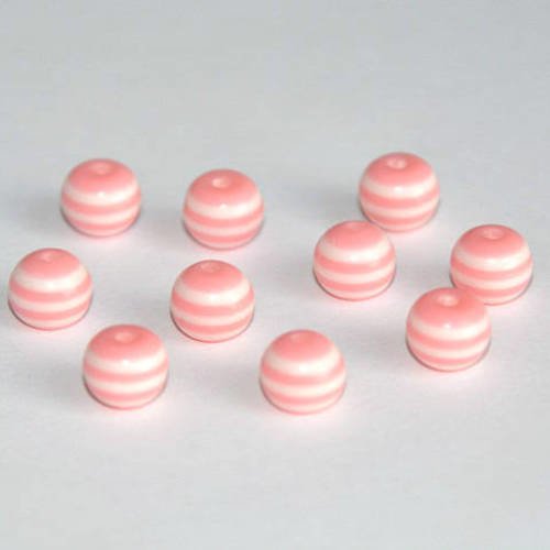 10 perles  en résine synthétique rayé rose  clair et blanc  8mm 