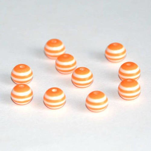 10 perles  en résine synthétique rayé orange et blanc  8mm 