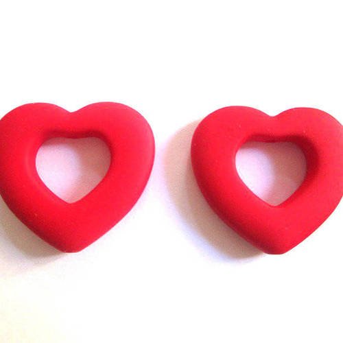 2 perles coeur rouge fluo acryliques caoutchouté 27x25mm 