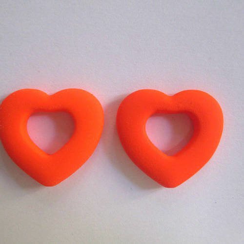 2 perles coeur orange fluo acryliques caoutchouté 27x25mm 