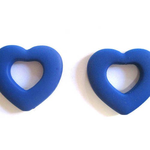 2 perles coeur bleu foncé acryliques caoutchouté 27x25mm 