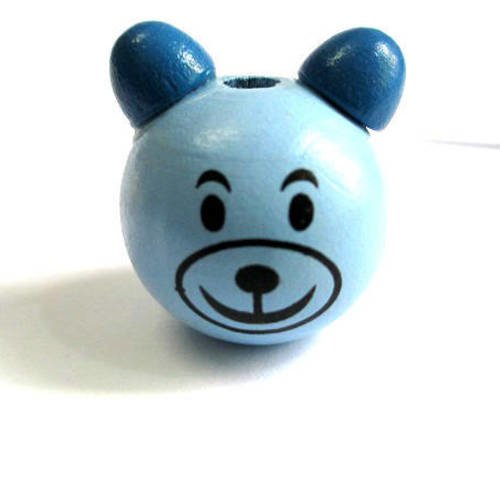 Perle en bois tête d'ours en 3d bleu 28x25mm 