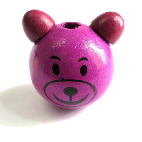 Perle en bois tête d'ours en 3d violet et prune 28x25mm 