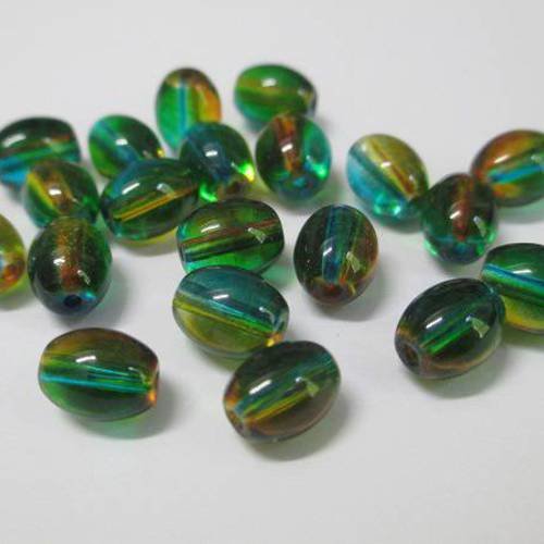 20 perles ovales en verre bicolore bleu et orange  9x6mm 