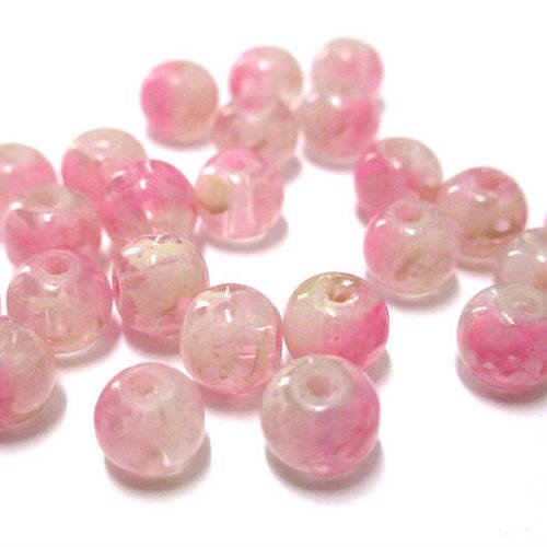 20 perles transparent mouchetée rose et blanc 6mm 