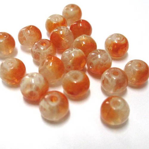 20 perles transparent mouchetée orange et blanc 6mm 