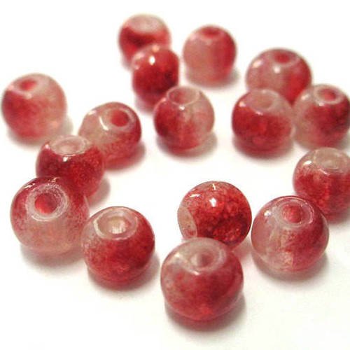 20 perles transparent mouchetée rouge et blanc 6mm 
