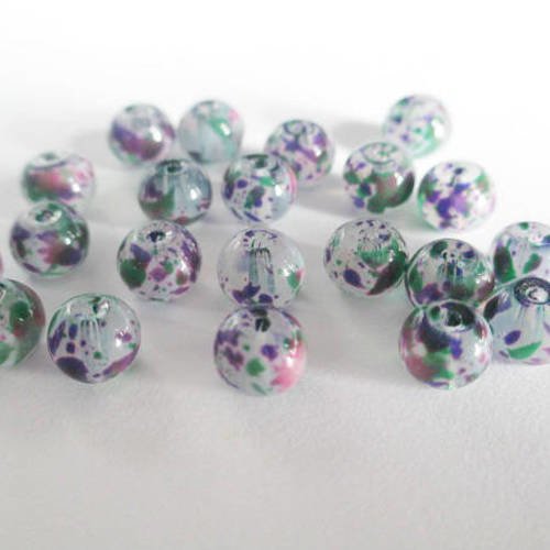 20 perles peint blanc moucheté vert et violet en verre 6mm 