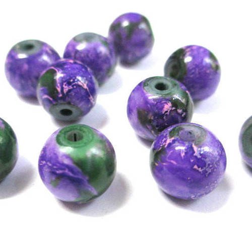 10 perles mauve marbré vert en verre 10mm (s-38) 