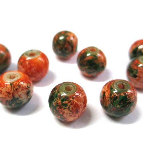 10 perles orange marbré vert foncé en verre 10mm (s-40) 