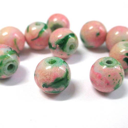 10 perles rose marbré vert en verre 10mm (s-44) 