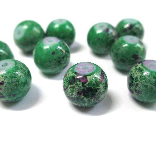10 perles vert marbré violet en verre 10mm (s-43) 