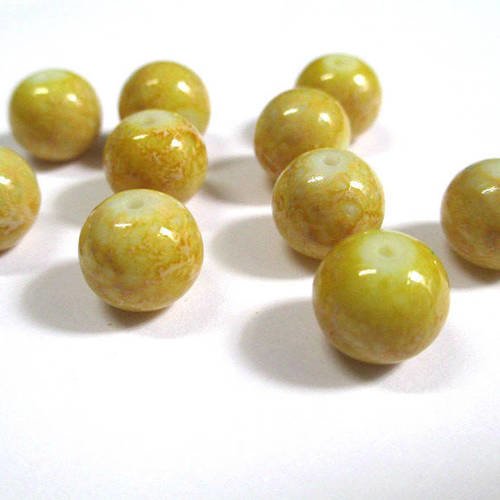 10 perles jaune marbré écru en verre 10mm (s-29) 