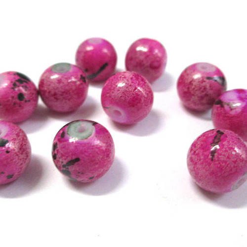 10 perles rose marbré noir en verre 10mm (s-41) 