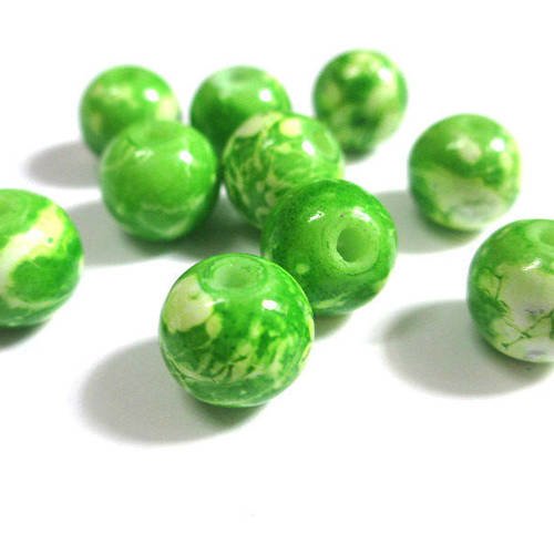 10 perles vert moucheté blanc en verre 10mm (s-31) 