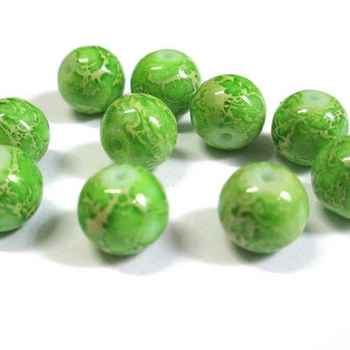 10 perles vert marbré écru en verre 10mm (s-28) 