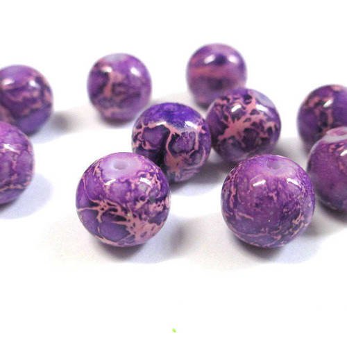10 perles violet marbré écru en verre 10mm (s-34) 