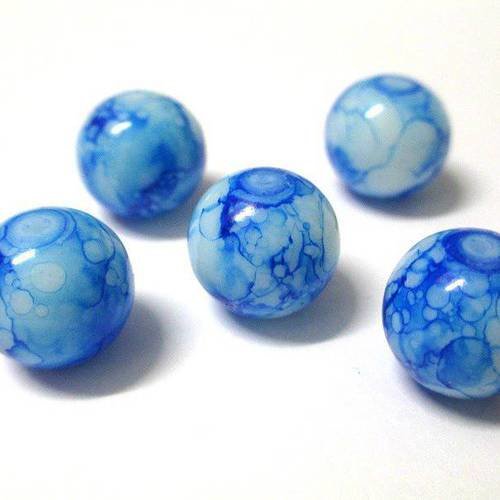 5 perles blanche tréfilé bleu en verre 14mm  (n-19) 